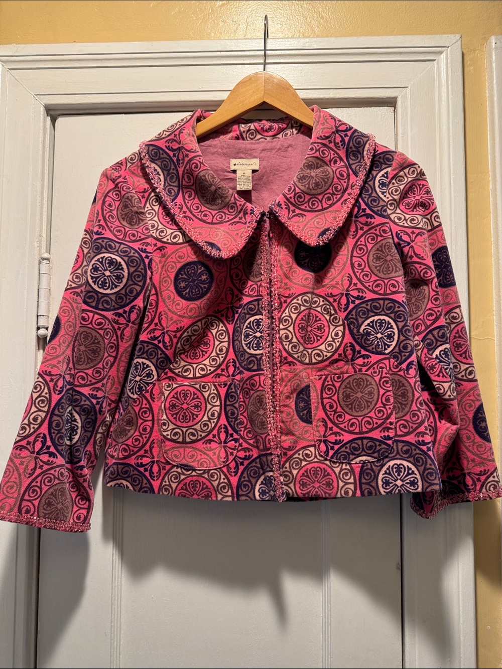elevenses Pink and Navy Medallion Zip Jacket with Peter Pan Collar